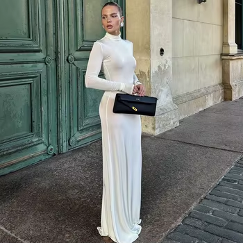 Elegant Solid Color Turtleneck Long Sleeve Bodycon Midi Dress review Emma Wilson