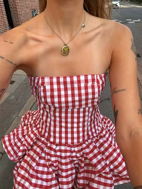 French Pure & Seductive Plaid Ruffled Bustier Crop Top review Chloe Bennett