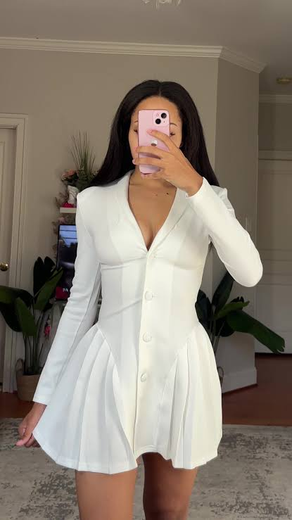 Solid Color Deep V-Neck Blazer Collar Open Front Ruffle Mini Dress review Olivia Thompson