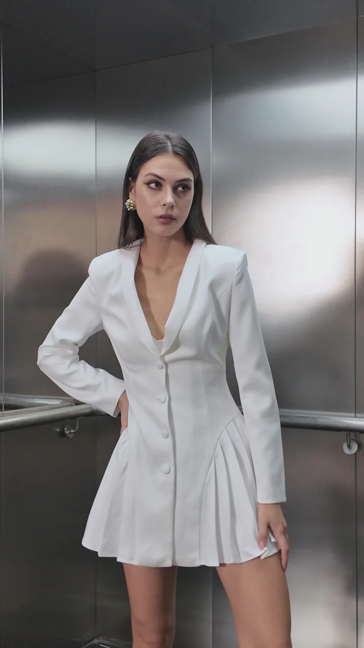 Solid Color Deep V-Neck Blazer Collar Open Front Ruffle Mini Dress review Emily Carter