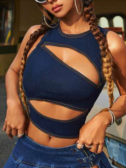 Y2K Faux Denim Cutout Crop Top review Olivia Carter
