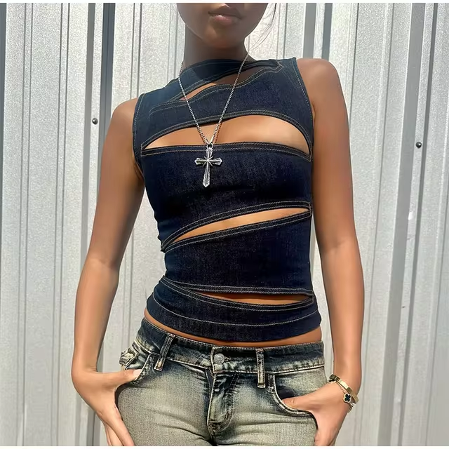 Y2K Faux Denim Cutout Crop Top review Sophia Reed