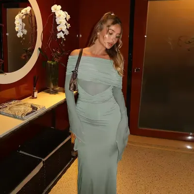 Off-the-Shoulder Mesh Panel Long Sleeve Maxi Dress review Sophia Reed