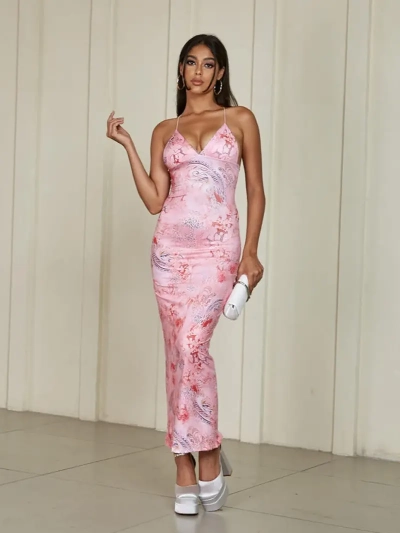 Floral Print Spaghetti Strap Backless Maxi Dress review Chloe Bennett
