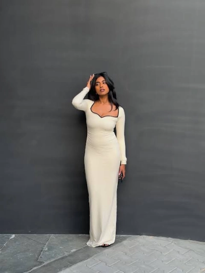 Solid Color Long Sleeve Bodycon Maxi Dress with Contrast Collar review Ava Morgan