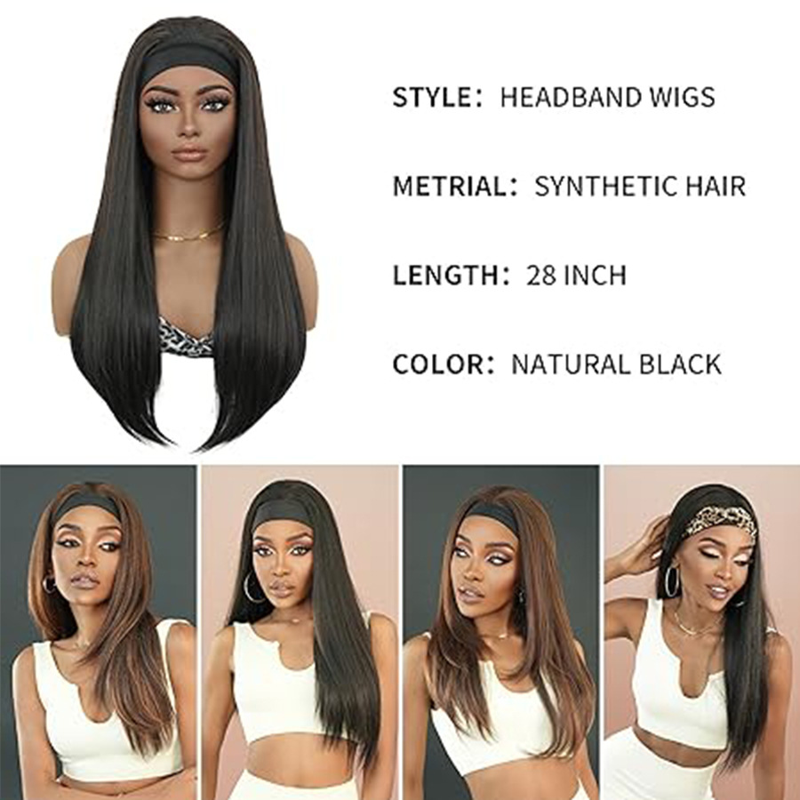 Wig Ladies Long Straight Hair Black Headband
