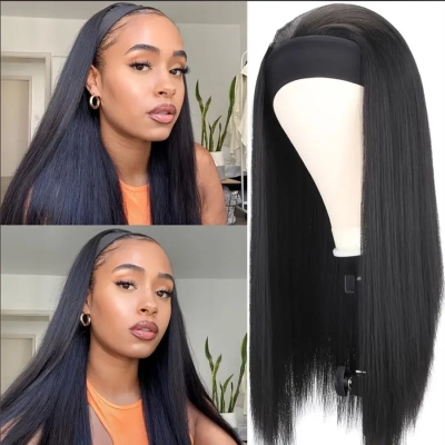 Wig Ladies Long Straight Hair Black Headband 01