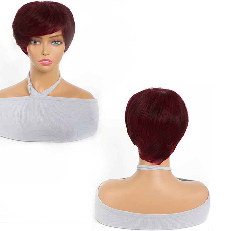 Wig Women's Headband Parted Burgundy Short Hair with Bangs