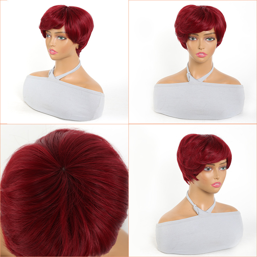 Wig Women's Headband Parted Burgundy Short Hair with Bangs