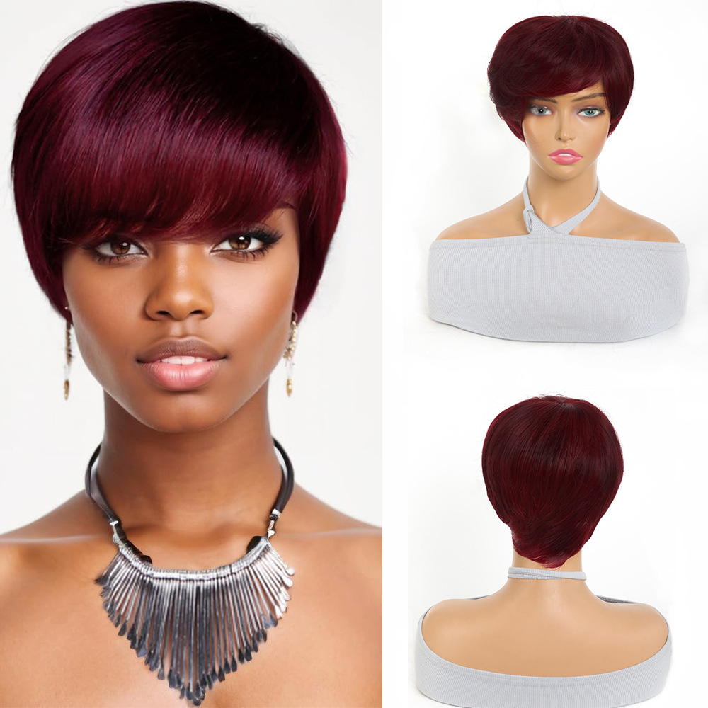 Wig Women's Headband Parted Burgundy Short Hair with Bangs