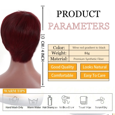 Wig Women's Headband Parted Burgundy Short Hair with Bangs 02