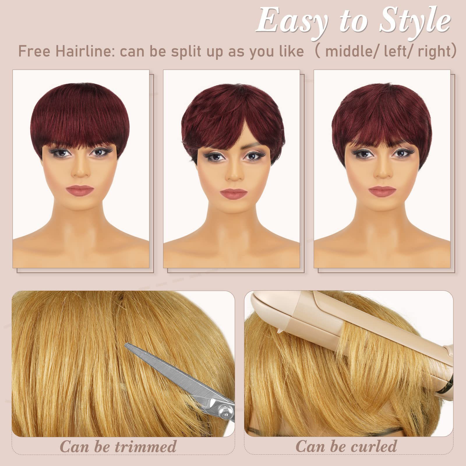 Wig Women's Headband Parted Burgundy Short Hair with Bangs