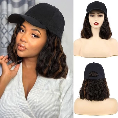 Fashionable Peaked Cap Shoulder Length Egg Roll Wig 01