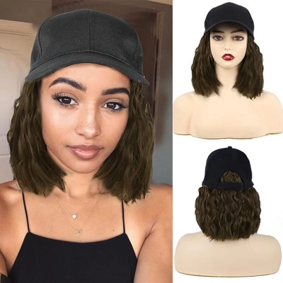 Fashionable Peaked Cap Shoulder Length Egg Roll Wig 02