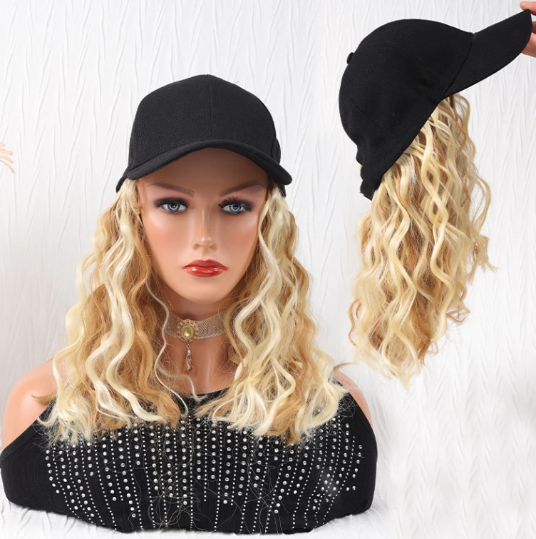 Fashionable Peaked Cap Shoulder Length Egg Roll Wig