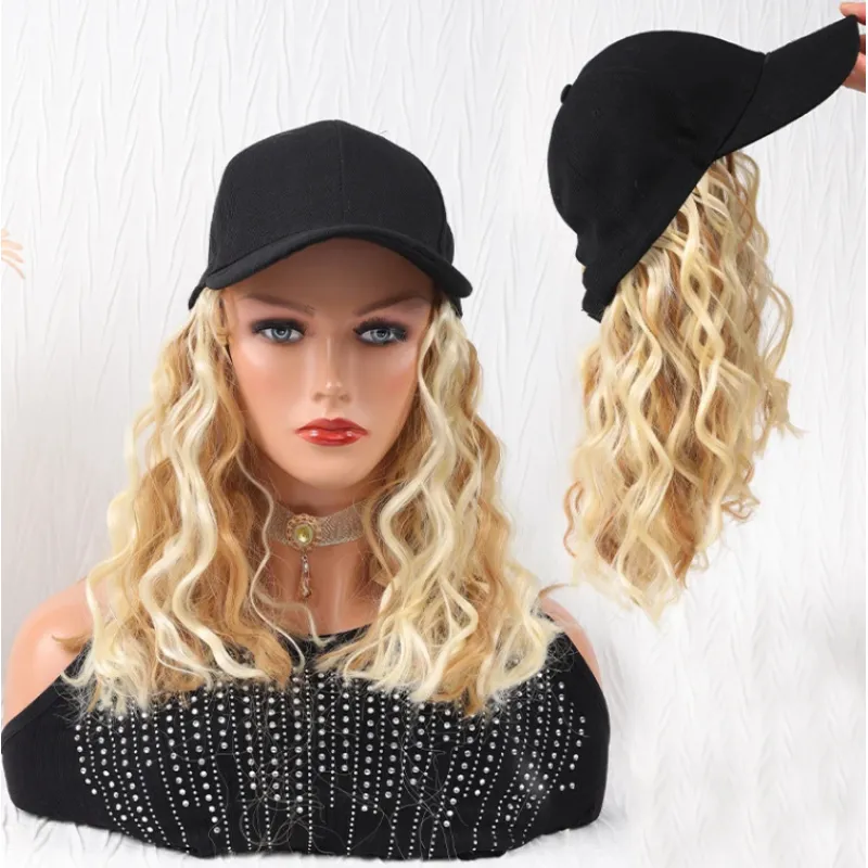 Fashionable Peaked Cap Shoulder Length Egg Roll Wig