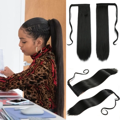 Velcro Ponytail Long Straight Hair Synthetic Fiber Wig 01