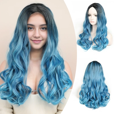 Blue Headband Long Curly Hair Fluffy Wig Wig Set 01