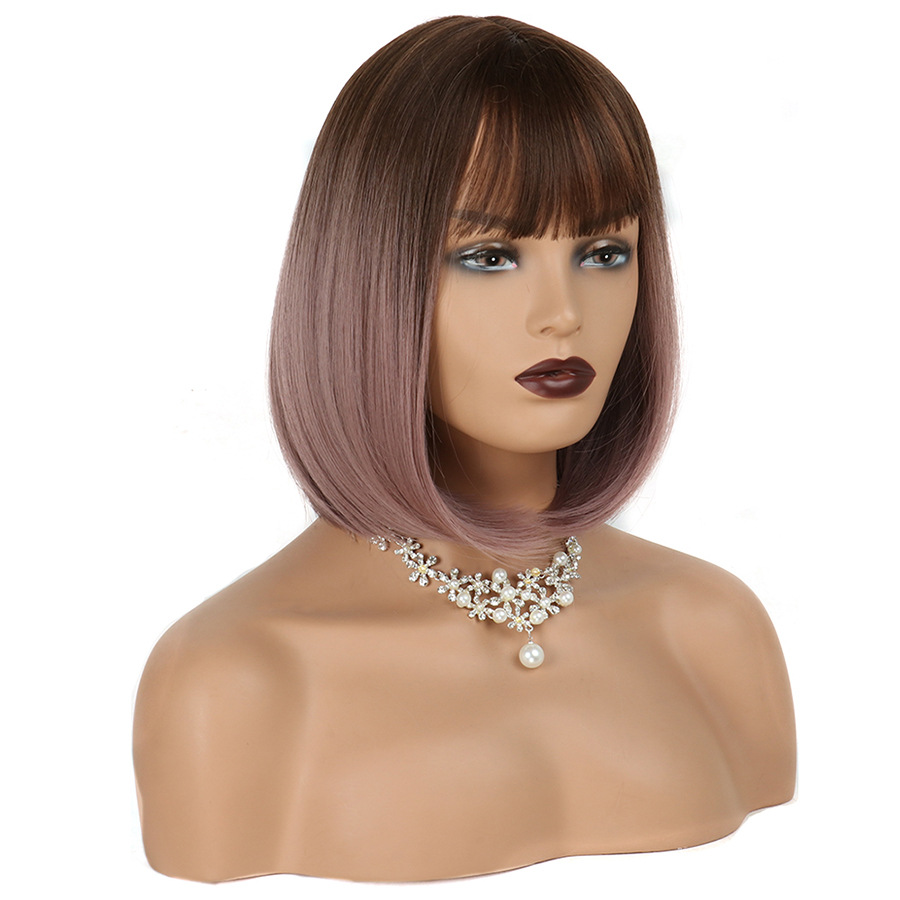 Female Brown Gradient Short Straight Hair with Bangs