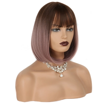 Female Brown Gradient Short Straight Hair with Bangs 02