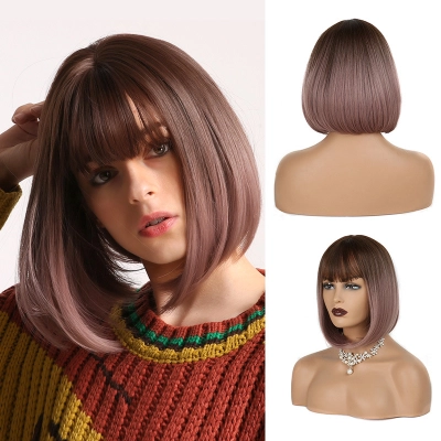 Female Brown Gradient Short Straight Hair with Bangs 01