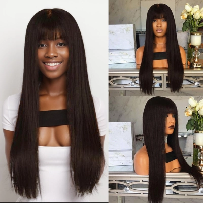 Natural Wig Set for Black Long Straight Hair with Bangs 01