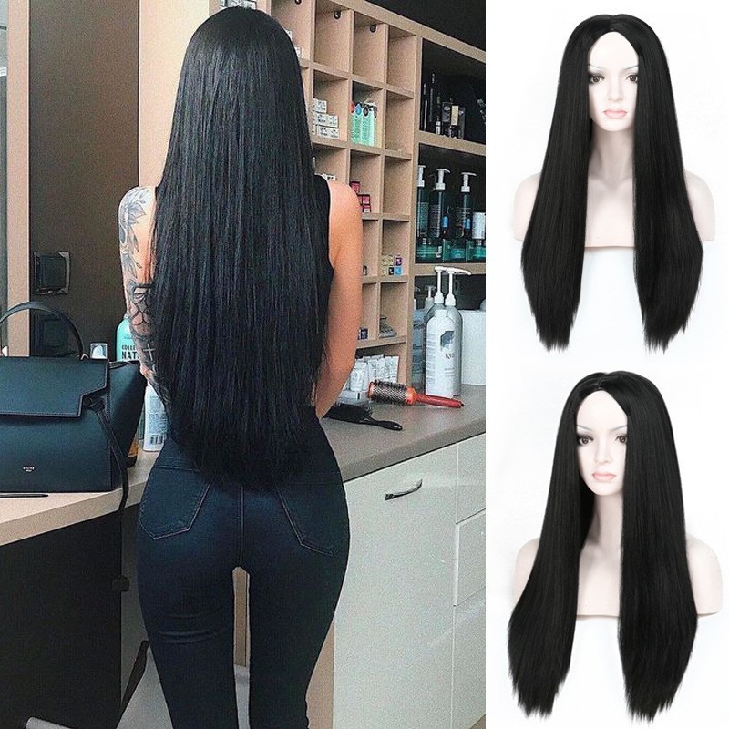 Natural Wig Set for Black Long Straight Hair with Bangs