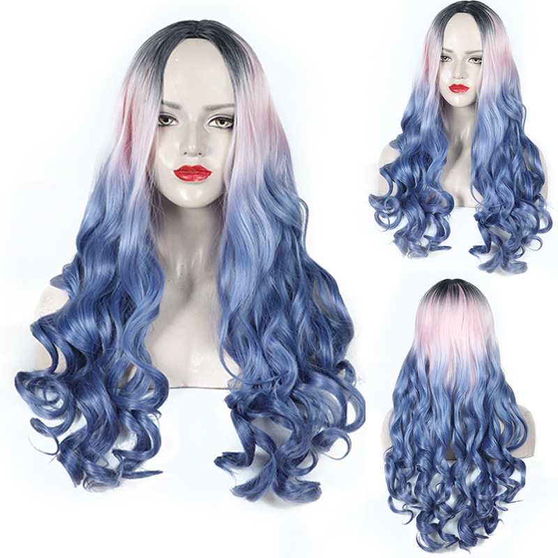 Pink Blue Long Curly Wig Large Wave Wig Set