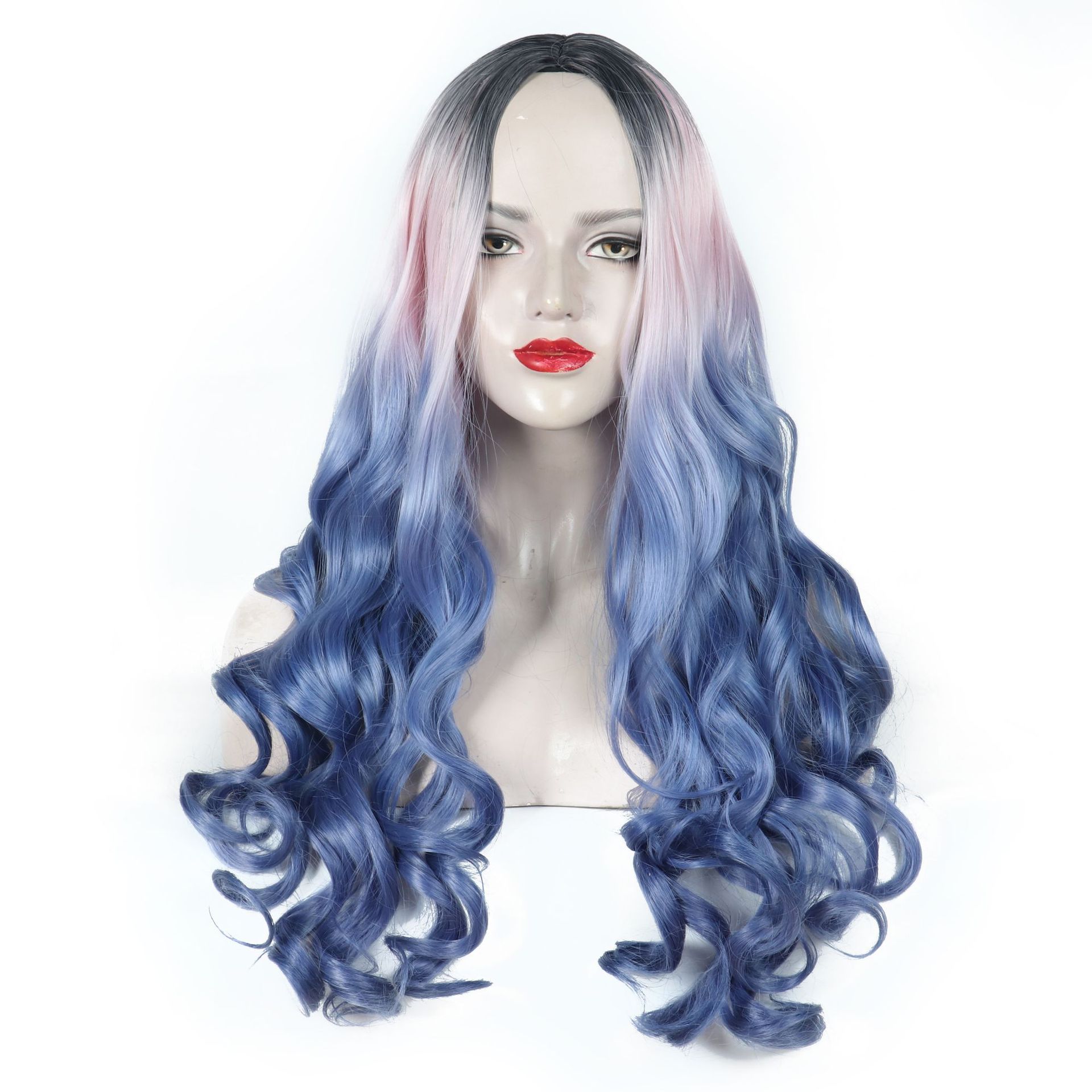 Pink Blue Long Curly Wig Large Wave Wig Set