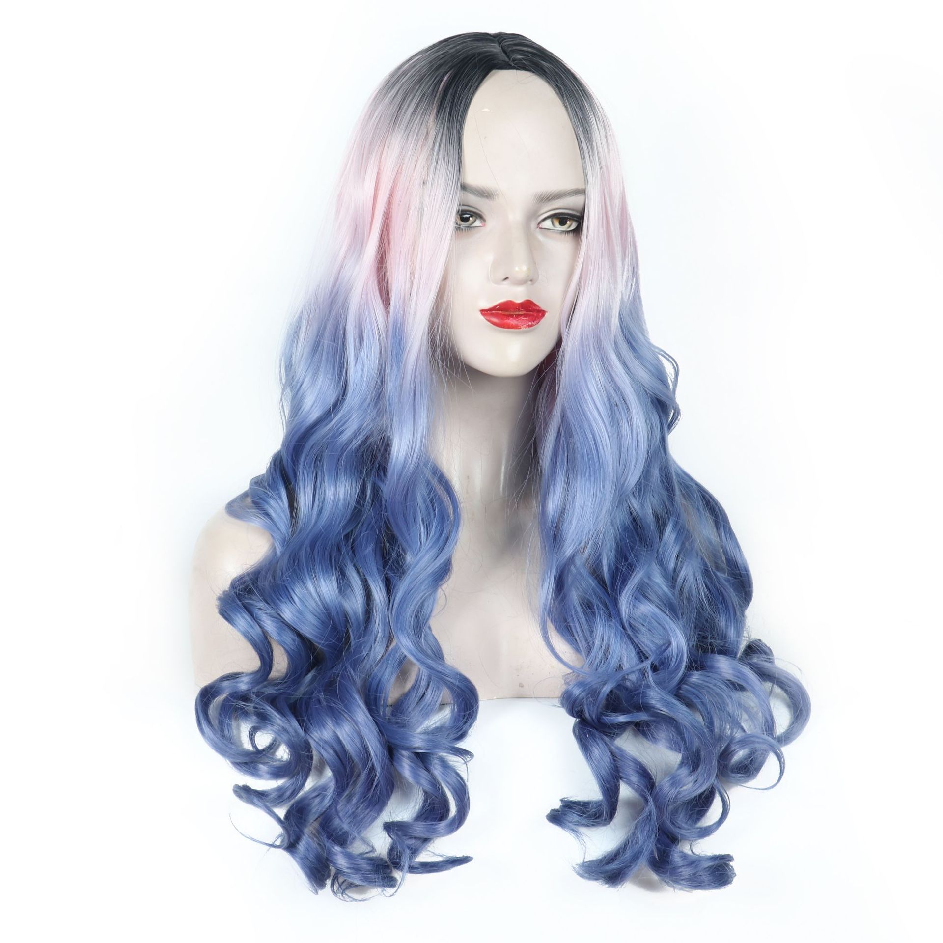 Pink Blue Long Curly Wig Large Wave Wig Set