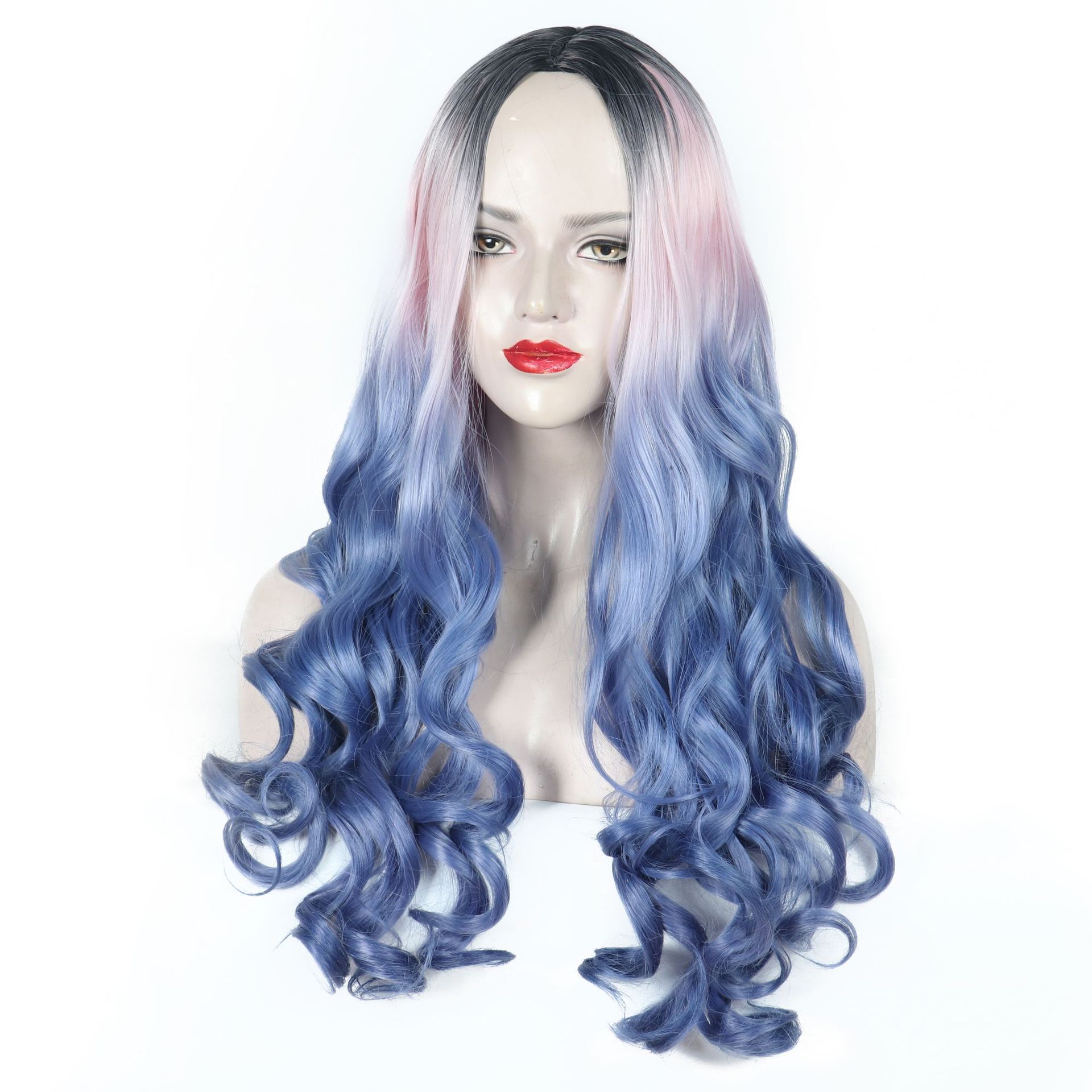 Pink Blue Long Curly Wig Large Wave Wig Set