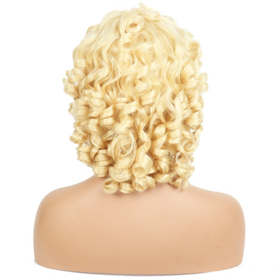 Beige Medium Long Hair Wig Women's Headband Small Curly Wig 02