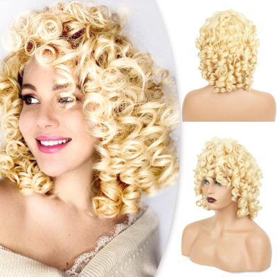 Beige Medium Long Hair Wig Women's Headband Small Curly Wig 01