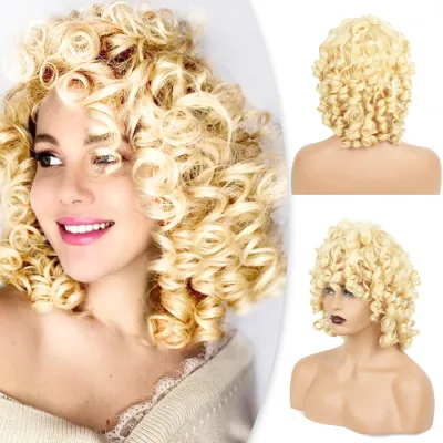 Beige Medium Long Hair Wig Women's Headband Small Curly Wig 01