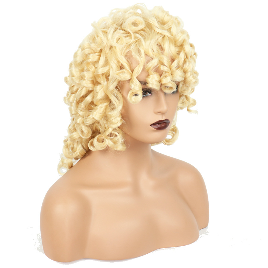 Beige Medium Long Hair Wig Women's Headband Small Curly Wig