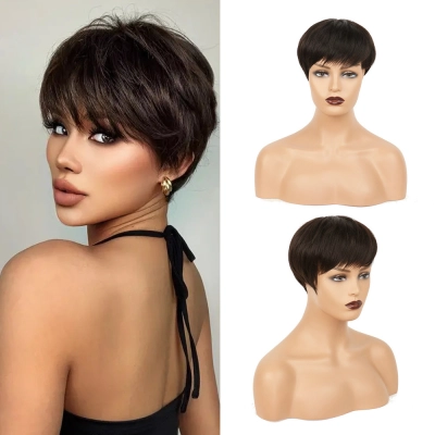 Short Wig Women's Thin and Breathable Dark Brown Full Wig 01