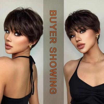Short Wig Women's Thin and Breathable Dark Brown Full Wig 02