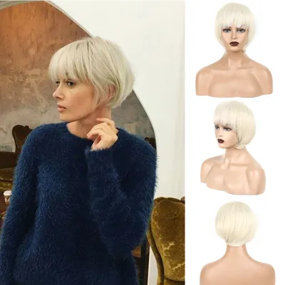 Wig Off-white Straight Bangs for Women with Short Straight Hair 01