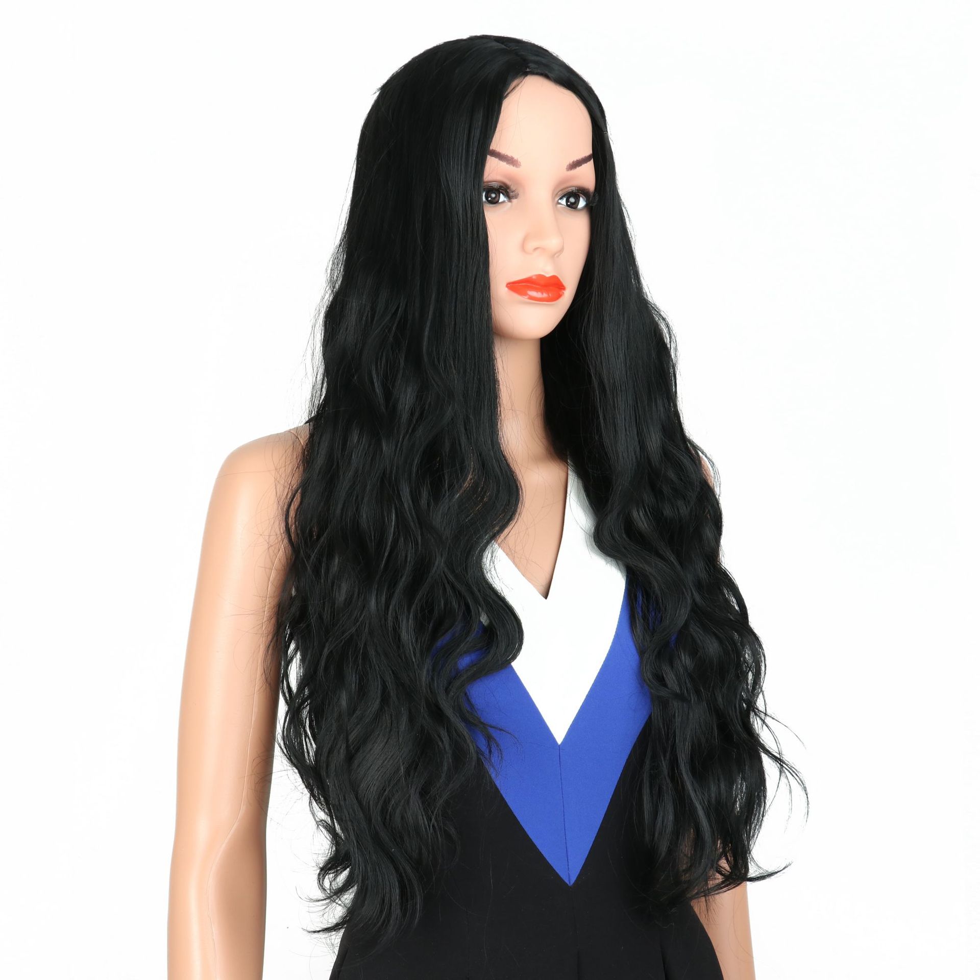 Black Long Hair Wavy Wig Set