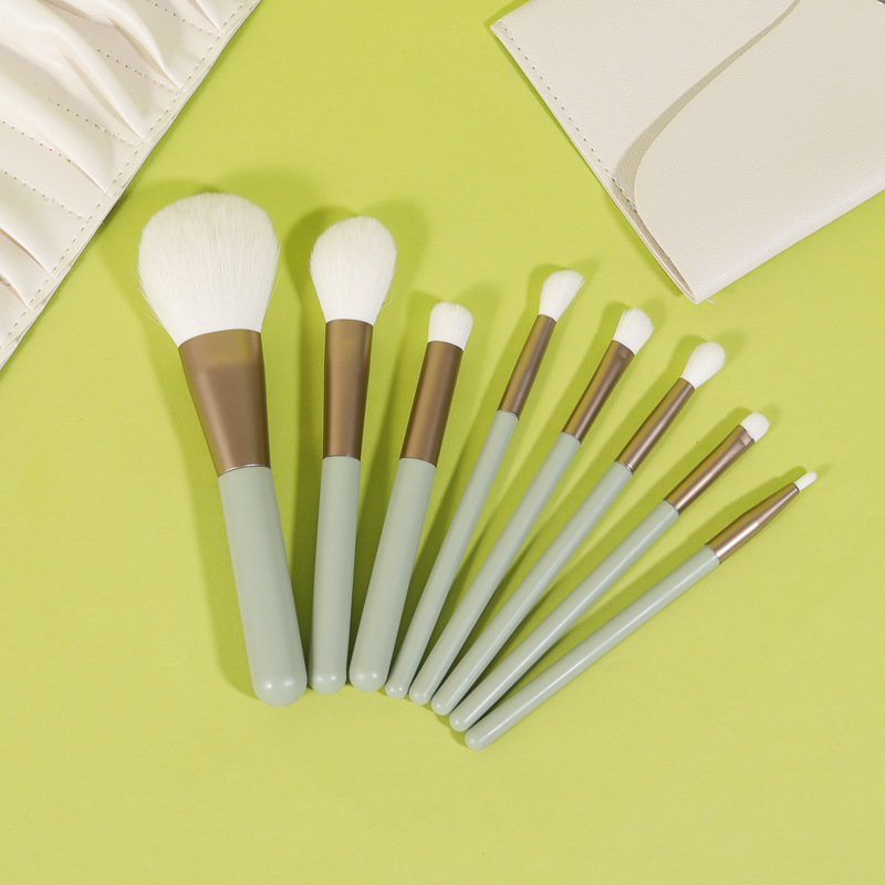 Combination set of eight makeup brushes