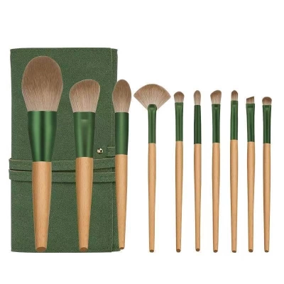 Wooden handle 10 soft bristle makeup brush set 01