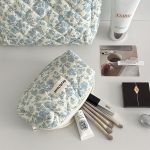 Blue floral quilted makeup bag with large capacity