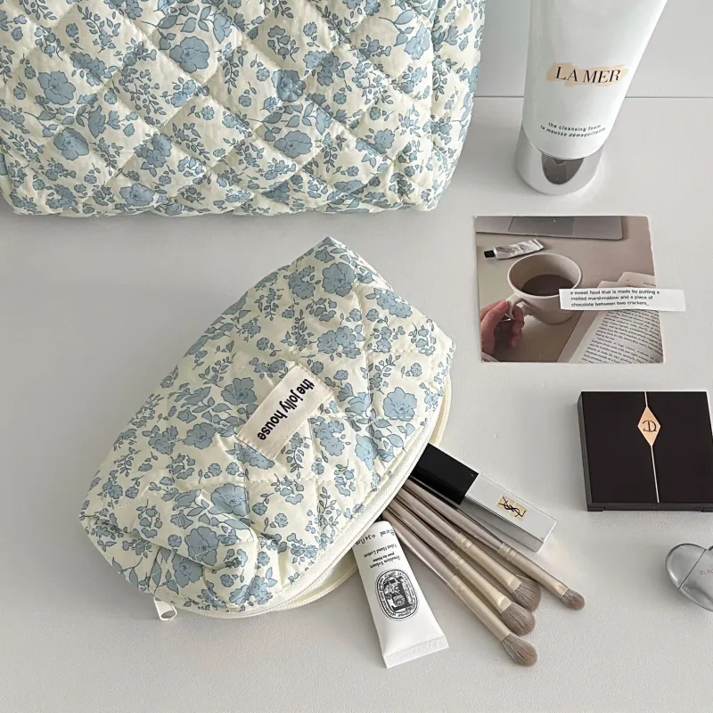 Blue floral quilted makeup bag with large capacity