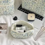 Blue floral quilted makeup bag with large capacity
