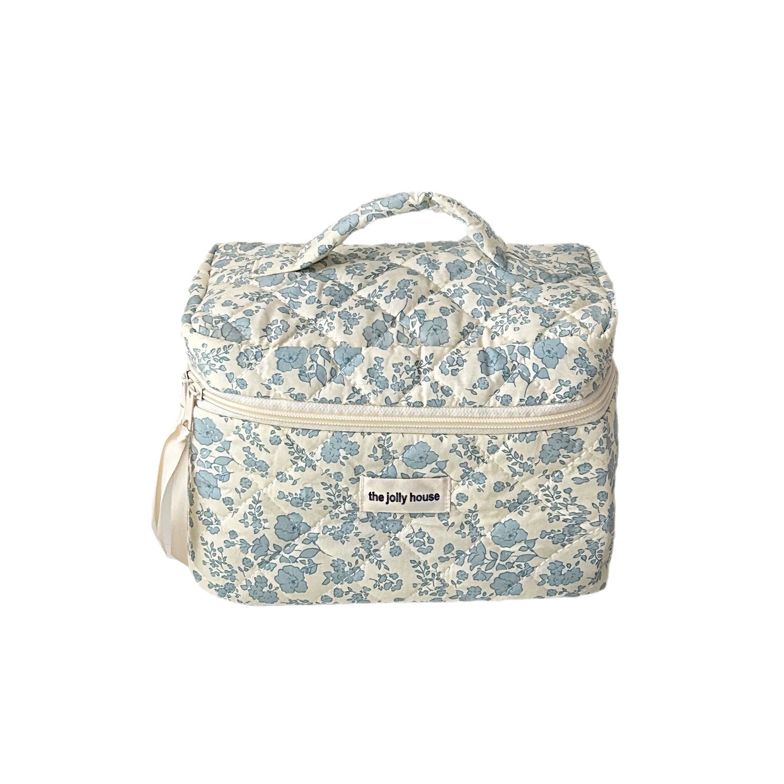 Blue floral quilted makeup bag with large capacity