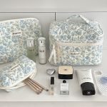 Blue floral quilted makeup bag with large capacity