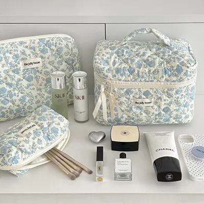 Blue floral quilted makeup bag with large capacity 01