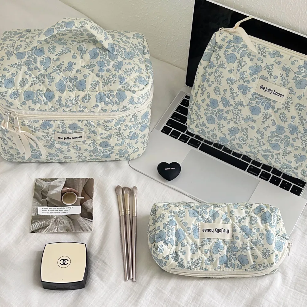 Blue floral quilted makeup bag with large capacity