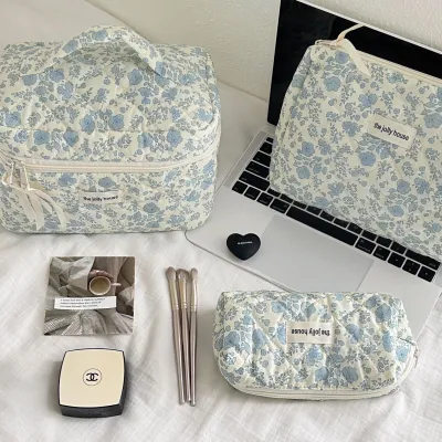 Blue floral quilted makeup bag with large capacity 02