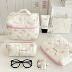 Blue floral quilted makeup bag with large capacity
